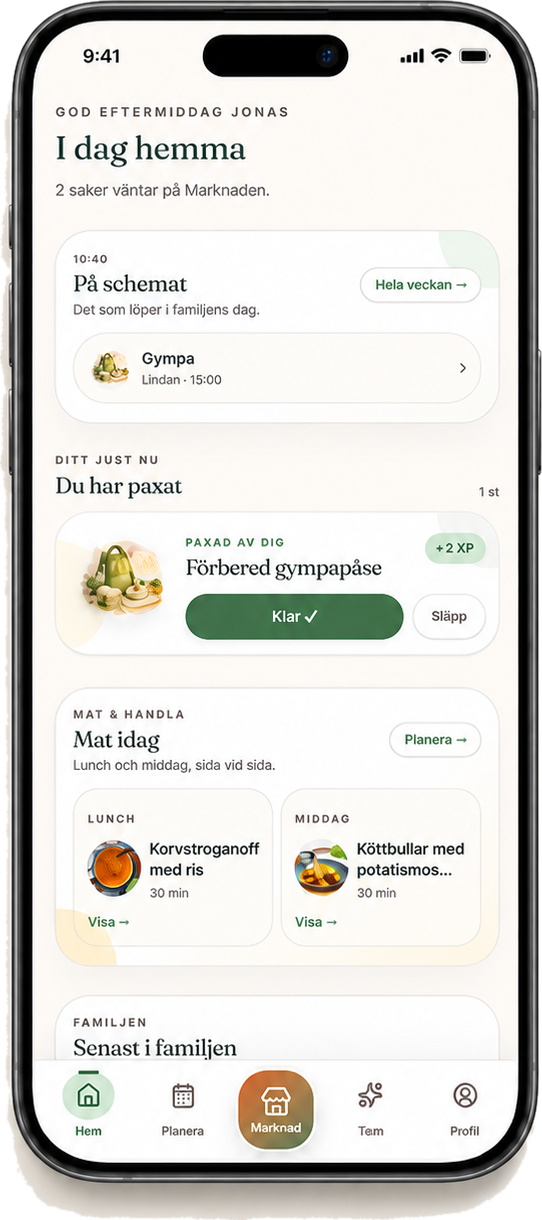 Pax-appen med dagens planering, uppgifter och måltider